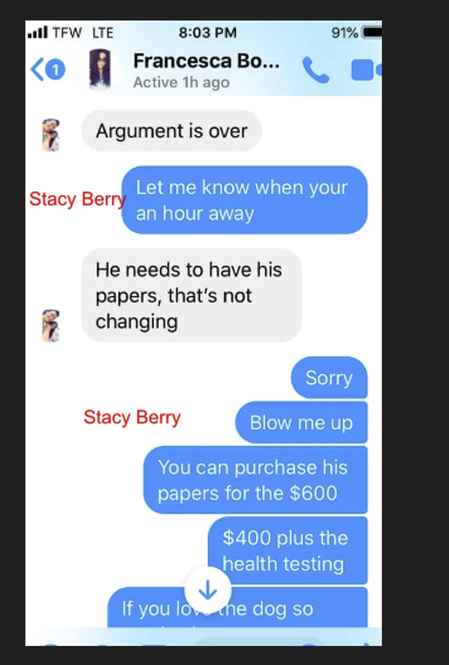 Stacy Berry's text in blue 