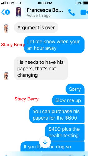 Stacy Berrys text in blue