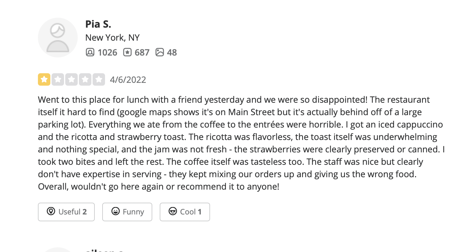 Negative yelp review from a BIPOC