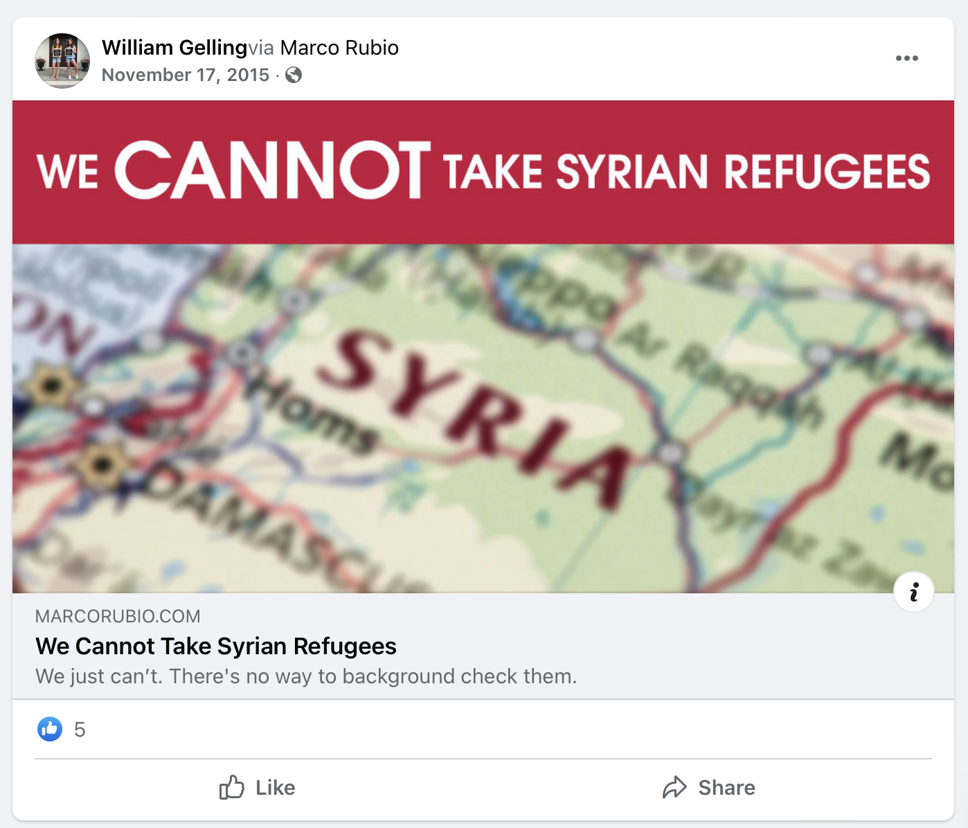 Bill's views on Syrian refugees