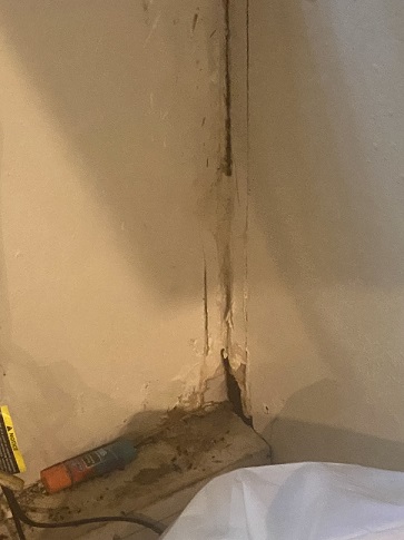Hole and crack in wall; possible mold inside