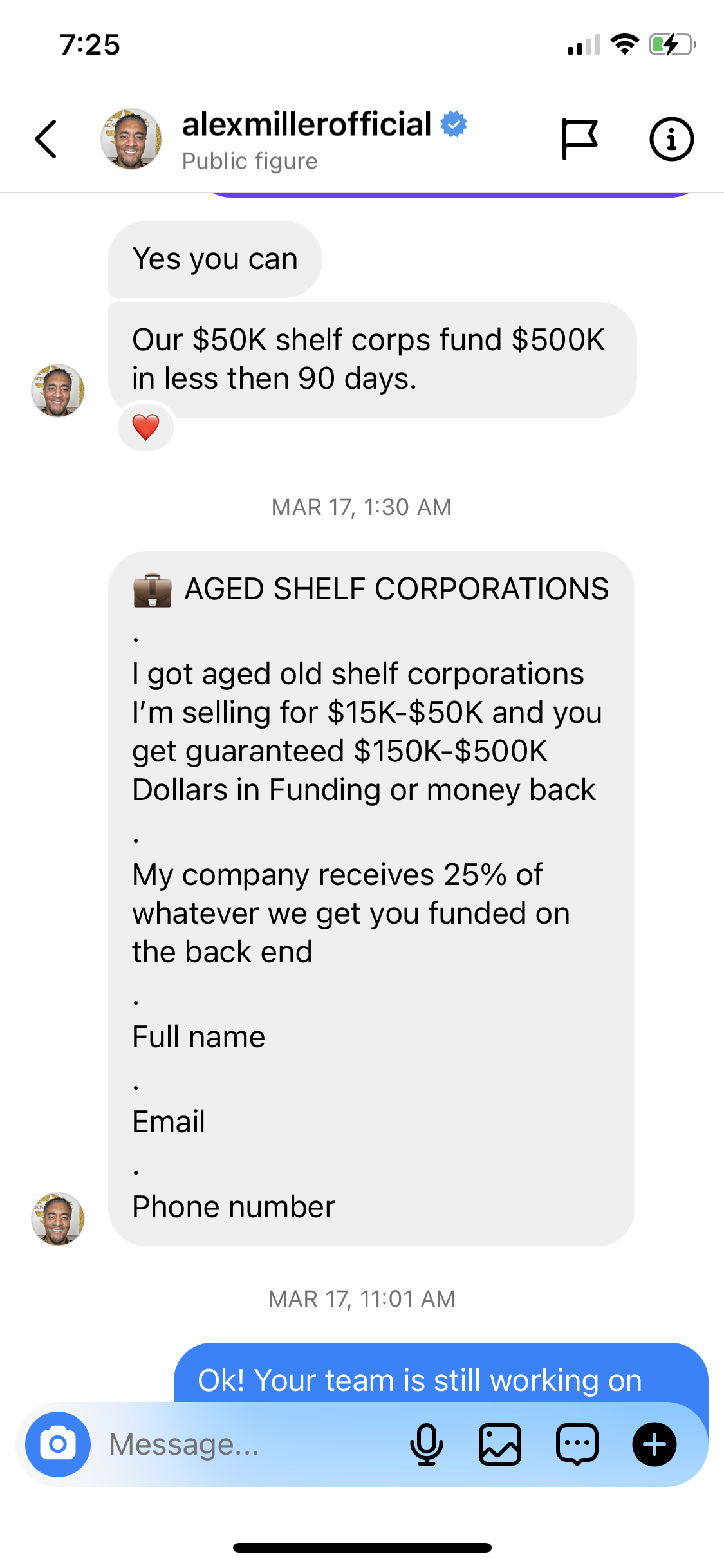 Instagram messages about prices on aged corporatio