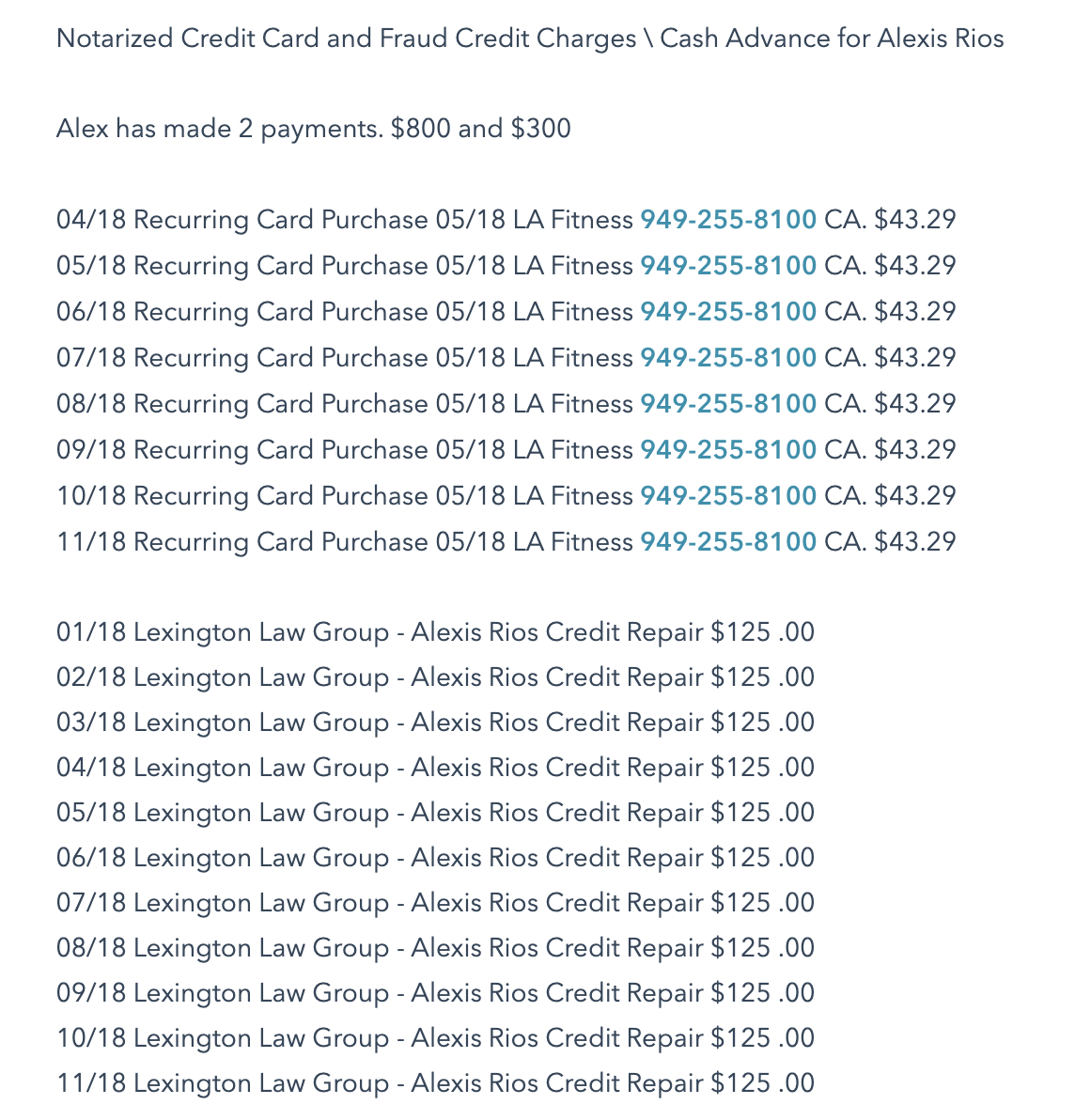 Credit Card and Zelle Loan Receipts