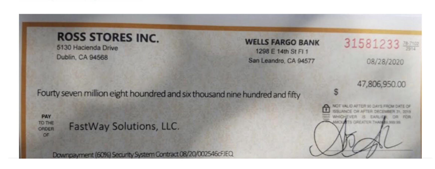 Fake check by Jose Quezada to show a fake contract