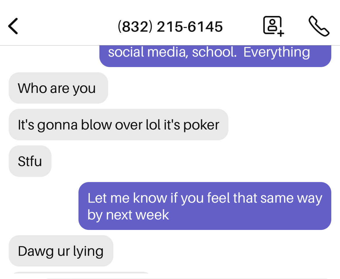 Texts with scammer admitting guilt