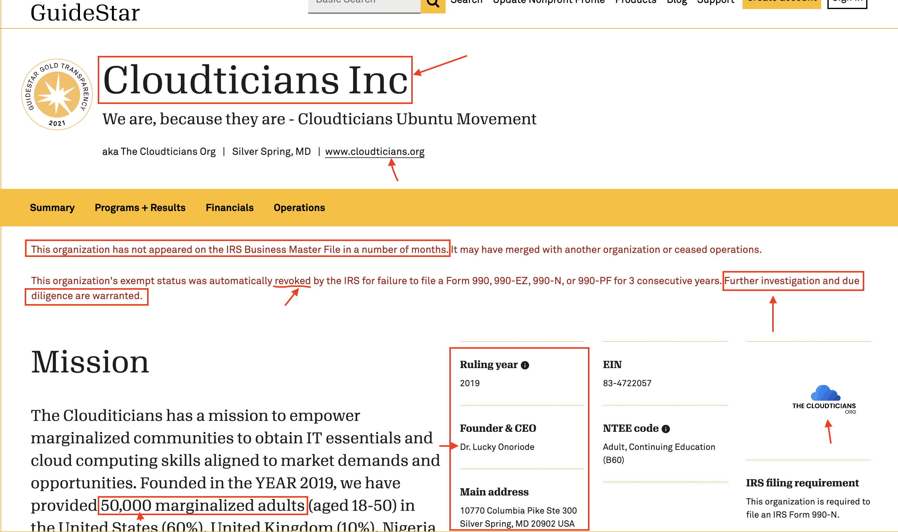 Proof on GuideStar Official Website of False Claim