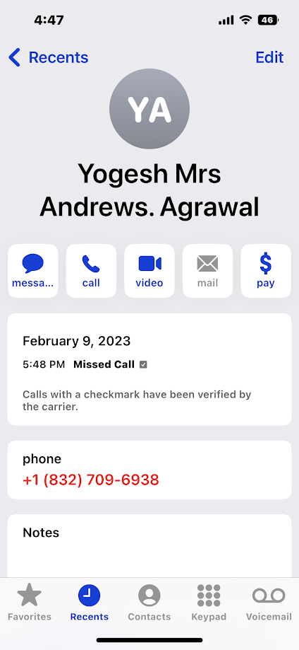 Anchal's Caller ID "Yogesh Agrawal"