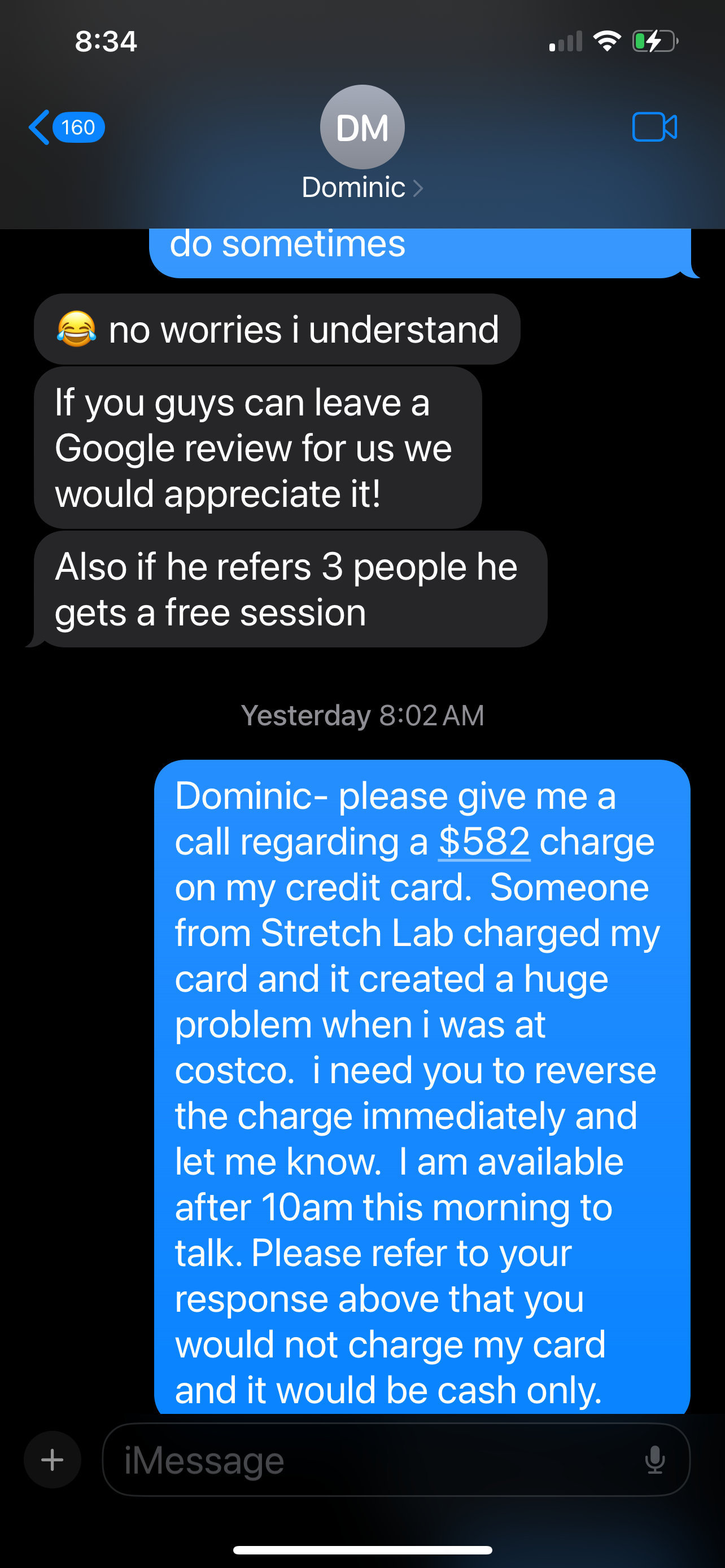 asking for google review- and $582 charge