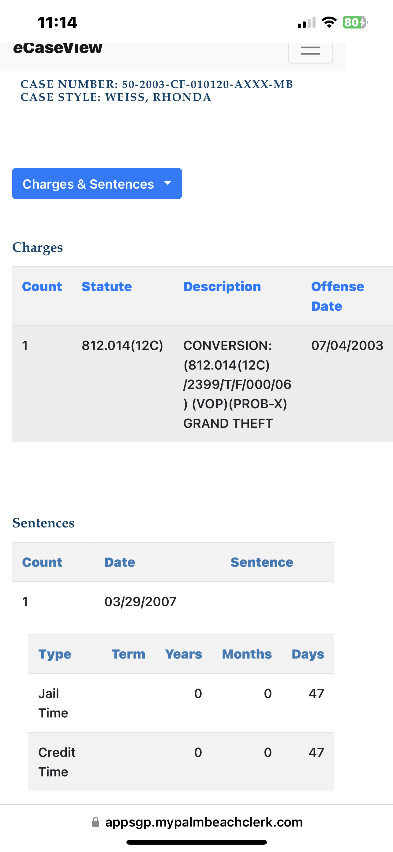 Grand theft 47 days in jail