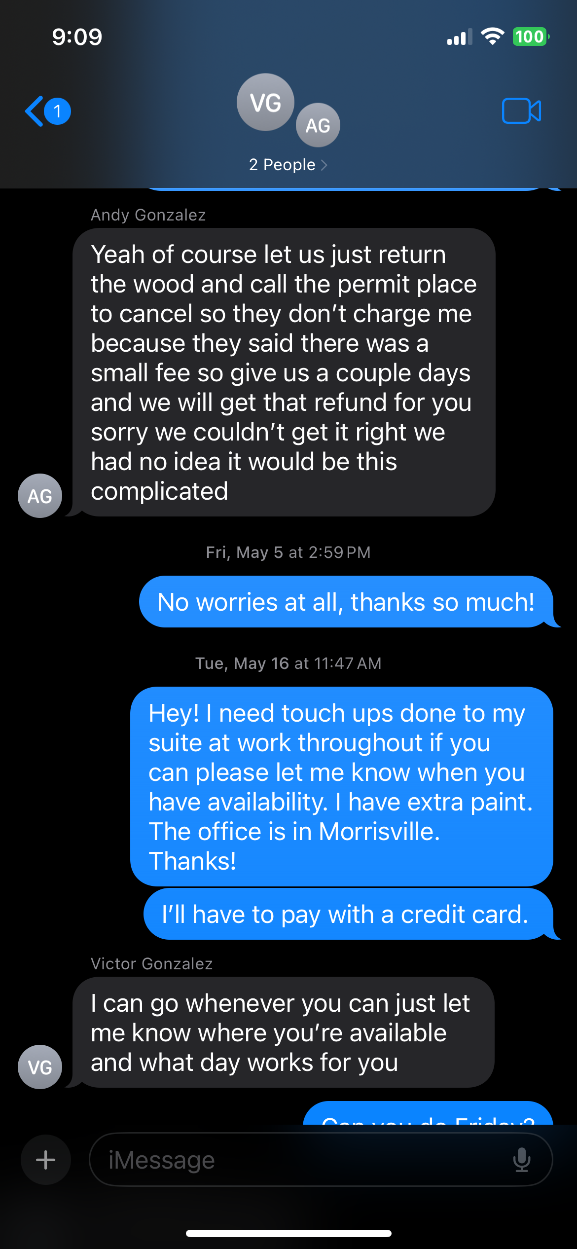 Text messages confirming payment owed to me