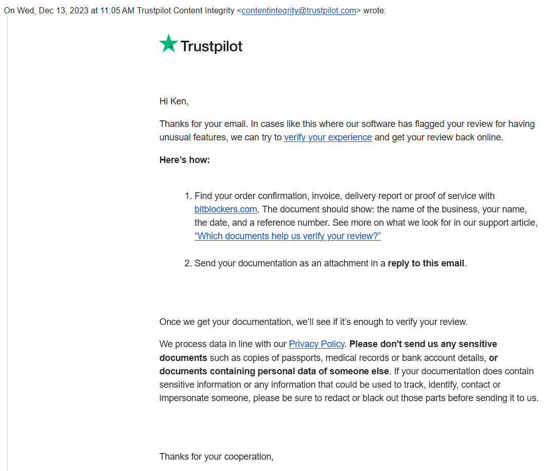 email from Trustpilot