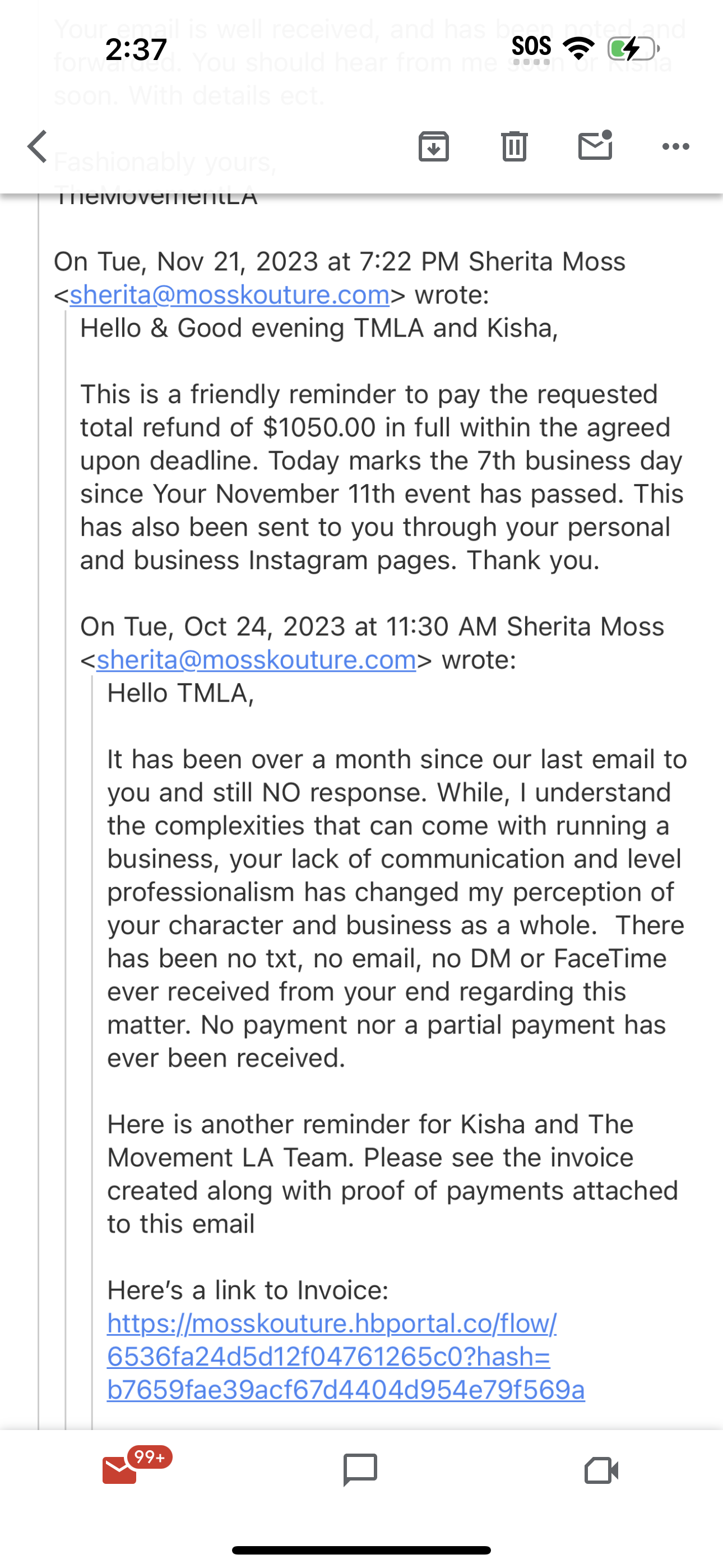 Emails i sent to Kisha and The Movement LAFW