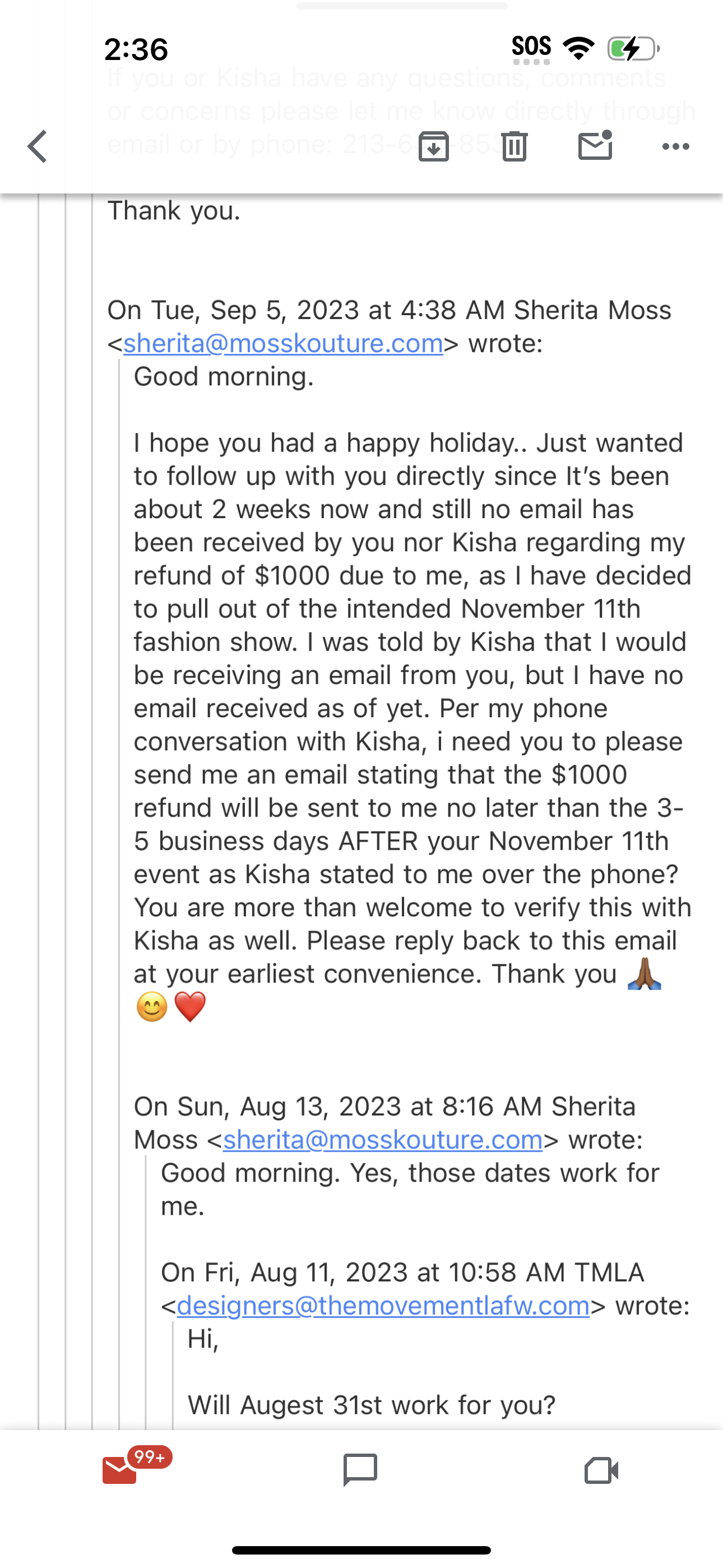 Emails i sent to Kisha and The Movement LAFW