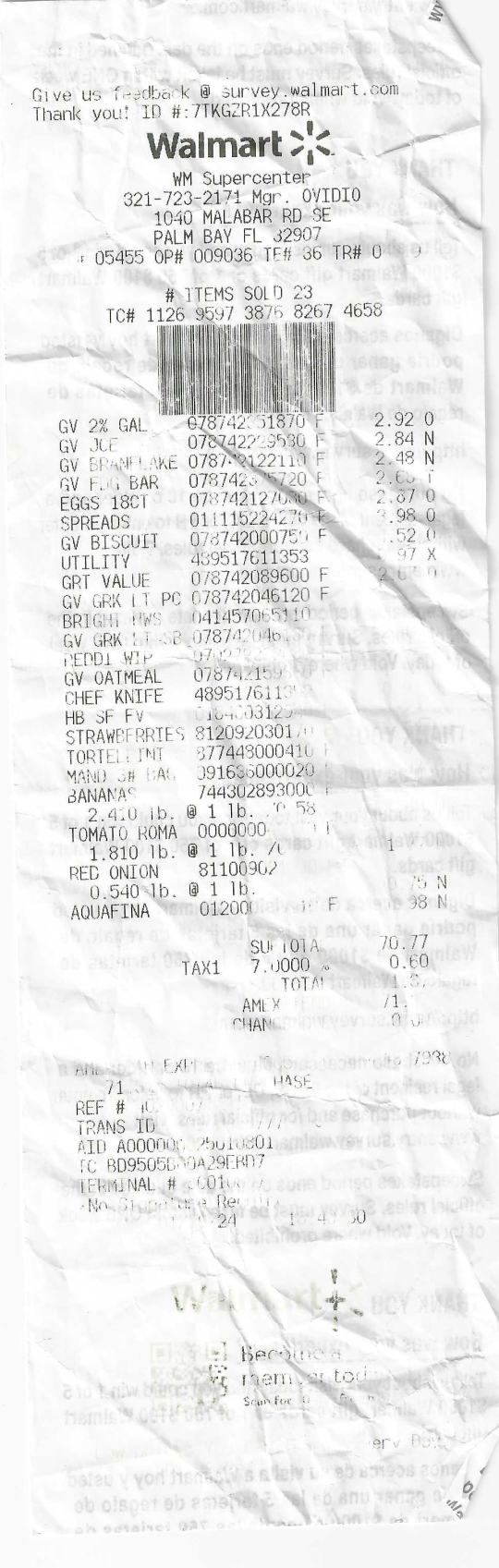 Walmart Malabar illegible receipt with false item 